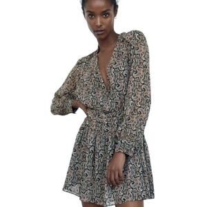 Zara Womens SZ M printed mini dress brown paisley floral pink blue long sleeve